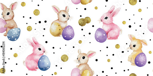 Adorable vector repeating pattern with watercolor rabbits, glitter eggs, and black confetti on white for design, children's textiles, and fun Easter packaging