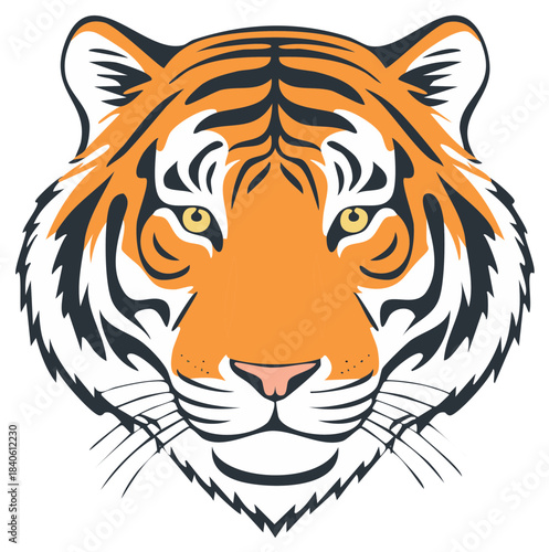 Illustration of an orange and black tiger face with stripes and whiskers stylized animal head