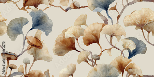 Organic repeating pattern of watercolor ginkgo leaves in soft beige, warm brown, and dusty blue for design, luxury packaging, and tranquil wallpapers or fabrics