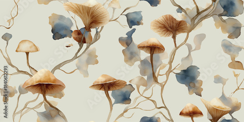 Organic repeating pattern of watercolor ginkgo leaves in soft beige, warm brown, and dusty blue for design, luxury packaging, and tranquil wallpapers or fabrics