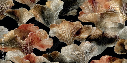 Abstract vector repeating pattern of delicate layered ginkgo leaves in warm amber and cream on a dramatic black background for design, luxury fashion, and sleek packaging.