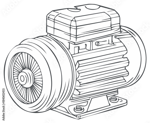 Industrial electric motor line art drawing