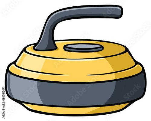 Yellow and grey curling stone with black handle and outline illustration