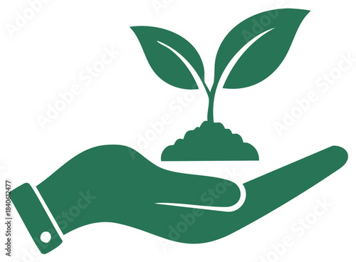 Green hand supporting growing plant symbol of protection and nature