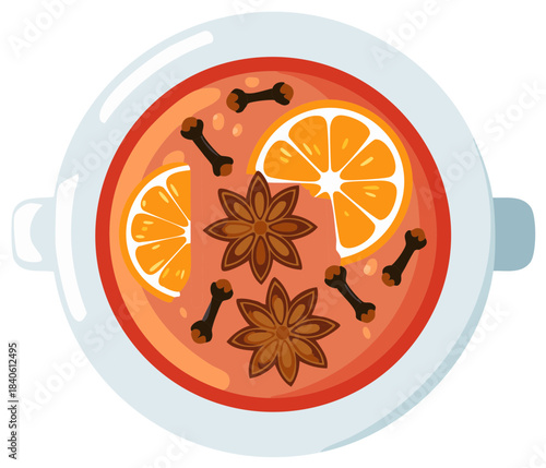 Overhead view of mulled wine in a white cup, garnished with orange slices and spices