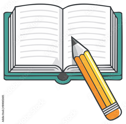 Simple vector illustration of an open book and pencil representing schoolwork homework and education