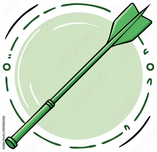 Single green dart, vector illustration, sharp tip, flying, cartoonish style, whimsical design