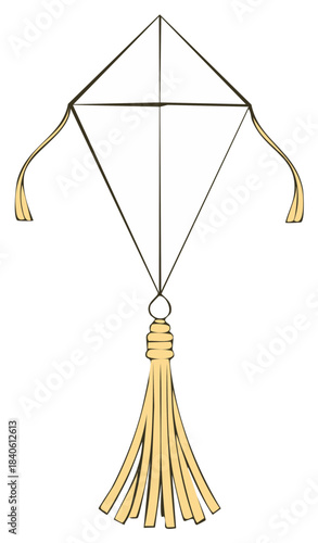 Stylized traditional diamond kite illustration with flowing ribbons and a decorative tassel for childhood outdoor play