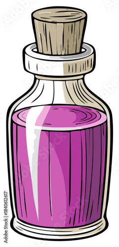 Purple potion bottle cartoon illustration, glass flask with cork stopper.