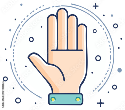 Stylized hand open with fingers spread in a friendly gesture framed by abstract circles and dots