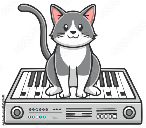 Cute grey and white cartoon cat sitting on a digital keyboard with colorful buttons
