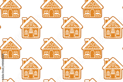 Holiday texture featuring baked cottages with sugar glaze. Endless background of traditional gingerbread homes for festive winter decor.