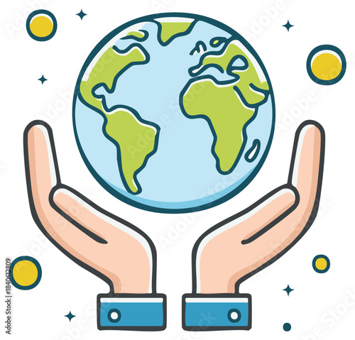 Cartoon Earth Globe Supported in Hands with Sparkling Elements