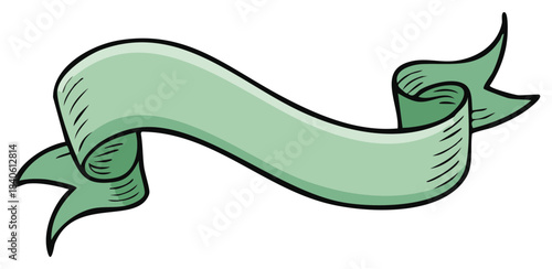Drawn Light Green Ribbon Banner, Curled Edges, Illustration for Message or Graphic Element