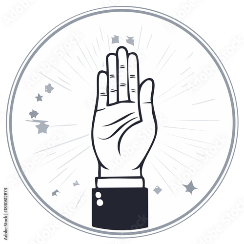Open palm outstretched, symbolizing stop, warning, or readiness with radiating lines and stars