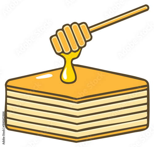 Honey dipper dripping golden syrup onto a sweet layered baklava pastry dessert icon