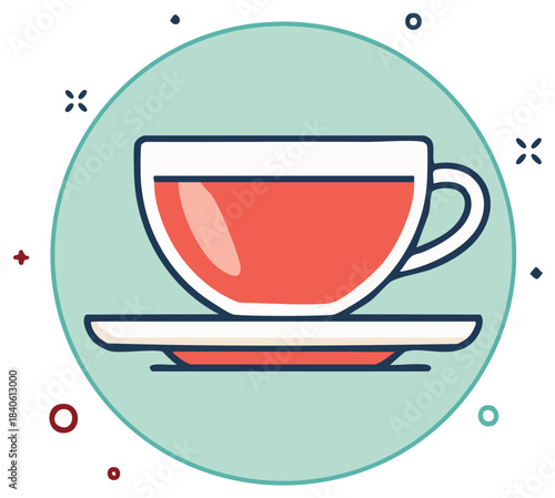 Stylized illustration of teacup and saucer on pastel background with decorative speckles, line art rendering