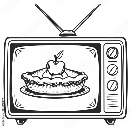 Retro television with apple pie on screen vintage hand drawn illustration