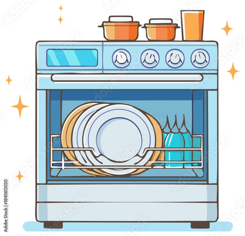 Modern household dishwasher with sparkling clean dishes and pots kitchen appliance