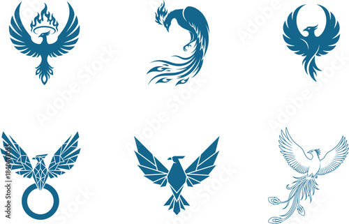 A majestic collection of stylized phoenix bird logo designs showcasing various mythical creature interpretations for powerful branding and spiritual symbolism vector artwork