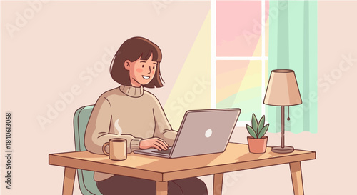 A smiling woman with short hair working on a laptop at a wooden desk in a cozy room with a window.