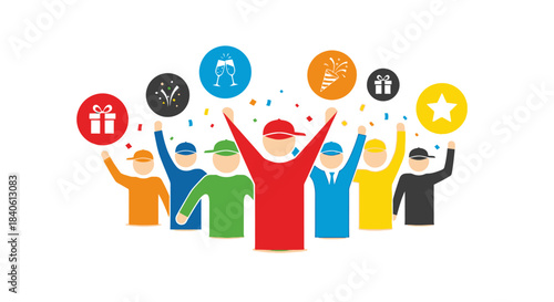 Celebratory Joyful Illustration: Capturing the elation of collective triumph, a vibrant illustration presents a unified group, arms raised in glee amid festive icons representing joy, success.