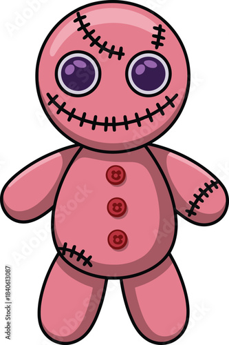 Cute pink voodoo doll cartoon illustration, Halloween spooky plush toy art, stitched character design, creepy yet adorable doll vector drawing