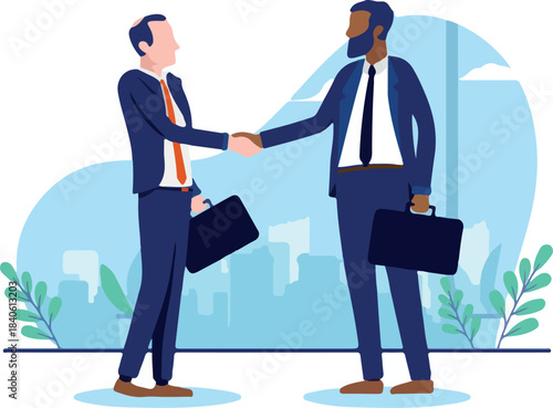 Business handshake - Two businesspeople with different ethnicities shaking hands over deal and agreement. Flat design vector illustration with white background