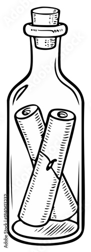 Message in Bottle: Hand-Drawn Illustration of Scrolls Inside Glass Bottle with Cork Stopper, Classic Fable Concept