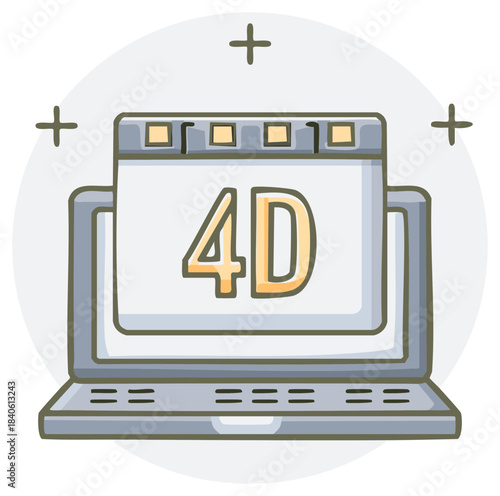 Illustration of a laptop computer displaying 4D text an abstract technology icon
