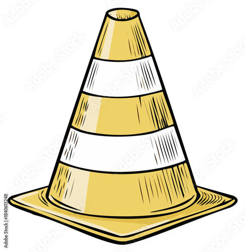 Yellow and white striped traffic cone illustration sketch art