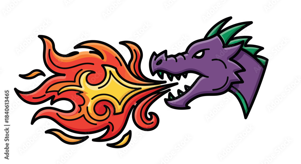 Obraz premium Fiery Dragon Unleashes Breath Of Fire In A Vibrant, Cartoonish Illustration