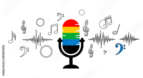 Harmony in Sound: An illustration of a microphone adorned with vibrant rainbow stripes is surrounded by musical notes and sound waves, representing the symphony of sound and expression.