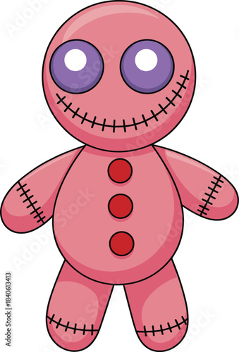 Cute pink voodoo doll cartoon illustration, Halloween spooky plush toy art, stitched character design, creepy yet adorable doll vector drawing