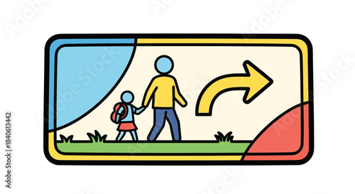 Father And Daughter Walking Together Towards The Right Side With Curved Arrow Sign