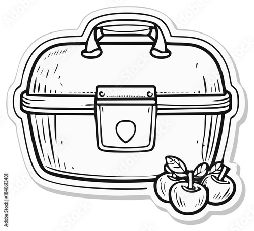 Hand drawn sticker illustration of a retro lunch box with apples for a healthy school snack