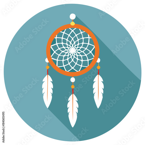 Dreamcatcher icon with feathers and beads, spiritual symbol, vector illustration