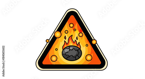 Fiery Warning Symbol: Cartoon Illustration Depicting a Black Rock With Flames In A Triangle