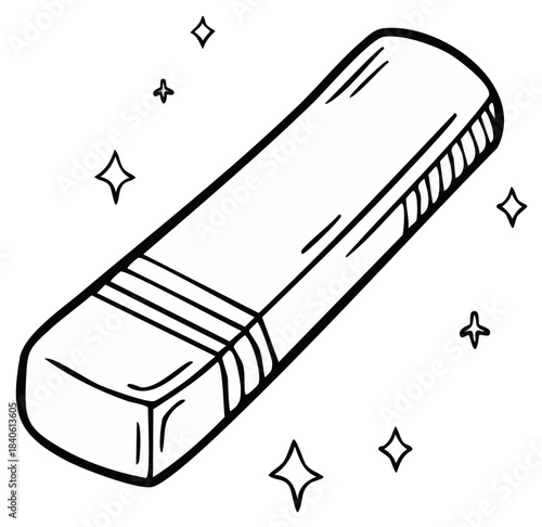 Monochrome vector illustration of an eraser with stars, school supply tool drawing for artwork designs.