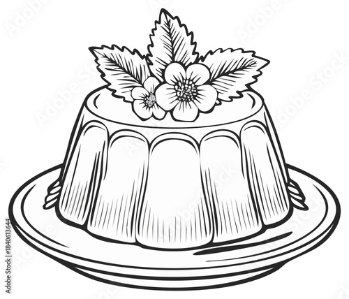 Elegant pudding dessert with floral decoration on a platter in detailed line art drawing for coloring books or designs.