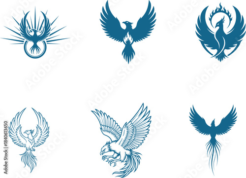 Collection of elegant mythical phoenix bird designs with spreading wings and fiery elements representing strength and rebirth perfect for branding logos and decorative graphic elements