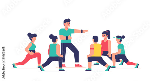 Fitness Trainer Guiding Group Exercise Session Healthy Lifestyle Conceptual Illustration