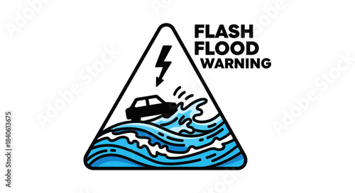 Flash Flood Warning Sign Symbolizing Danger and Risk of Flooding with Lightning
