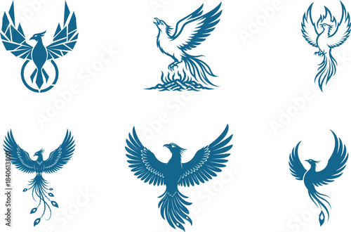 Collection of mythical phoenix bird illustrations showcasing various majestic designs from abstract geometric styles to elegant classical representations perfect for branding and spiritual symbolism