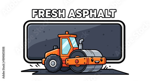 Fresh Asphalt Graphic With Smiling Roller and Dark Background For Road Construction