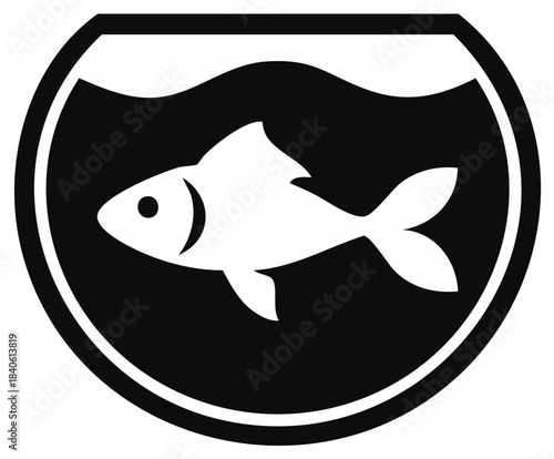 Simple graphic of a single white fish swimming in a round fishbowl silhouette