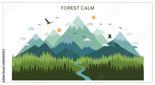 Forest Calm Illustration: An illustrative scene depicting serene mountains and lush forests, capturing the tranquility and calmness of the natural world.