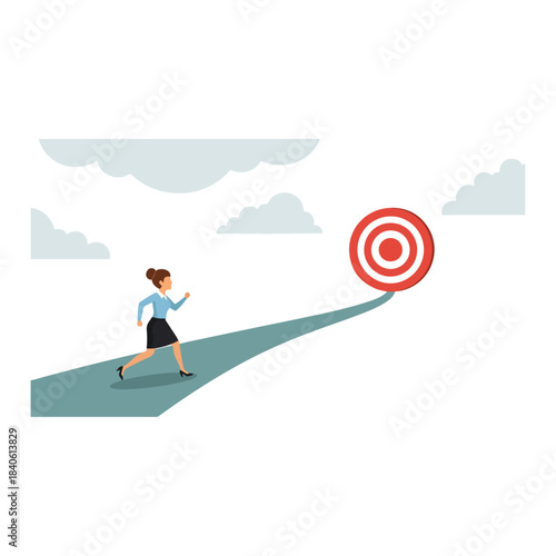 Businesswoman running on an upward path towards a red bullseye target, symbolizing goal achievement, career success