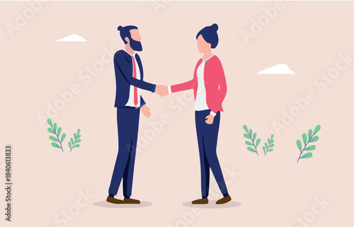 Business handshake man and woman - Two people of different gender shaking hands over deal and agreement. Flat design vector illustration