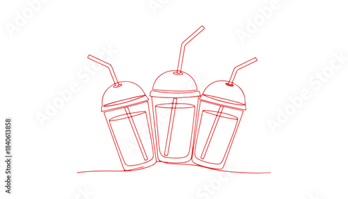 a collection of three juice glasses featuring lids and straws, designed as a continuous single line art hand-drawn logo

